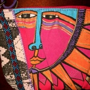Laurel Burch Pretty Pink, Orange, & Purple Celestial Sun Crossbody Lined in Tan
